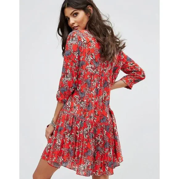 ba&sh Women's Red Floral Boho Babydoll Floral Print Smocked Mini Dress Size 2